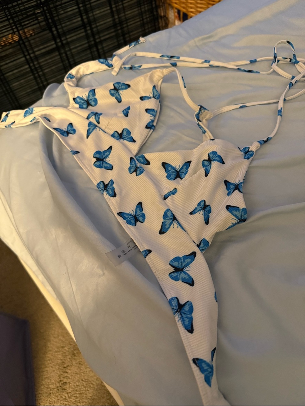 White Bikini Set with Blue Butterfly Print - Women's Swimwear